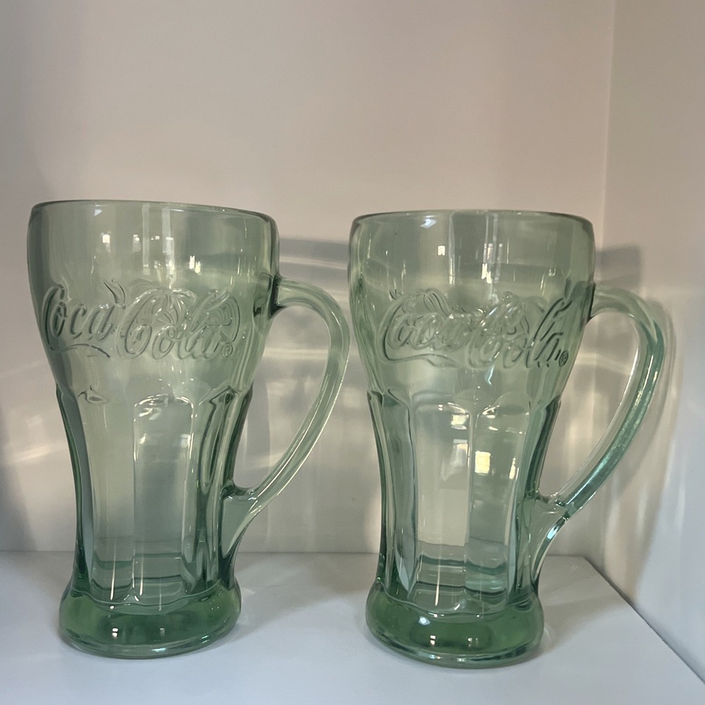 2 Vintage Libbey Coca-Cola Green Glass Mugs With Handles Heavy‎